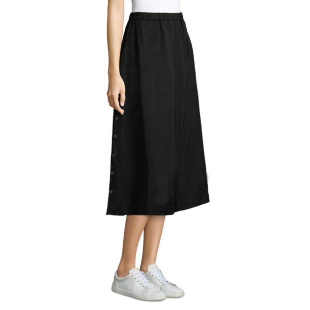 Eileen Fisher Black Tencel Linen Side Snap Midi Skirt